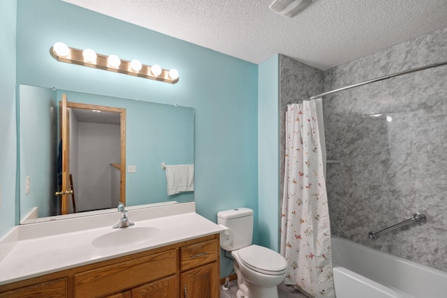 full bathroom with vanity, toilet, shower / bathtub combination with curtain, and a textured ceiling