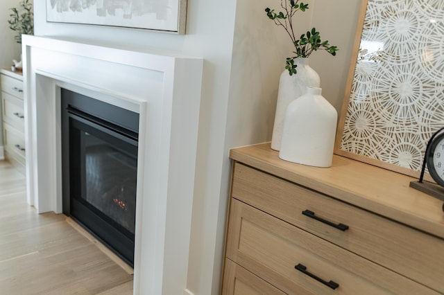 room details featuring a glass covered fireplace and wood finished floors