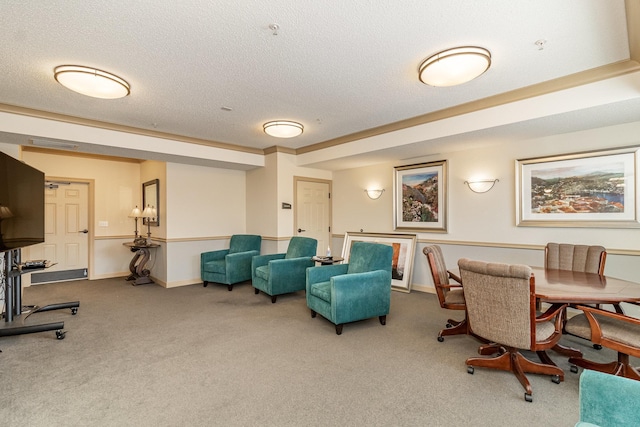 interior space featuring a textured ceiling and carpet flooring