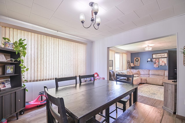 dining room with wood-type flooring and a notable chandelier