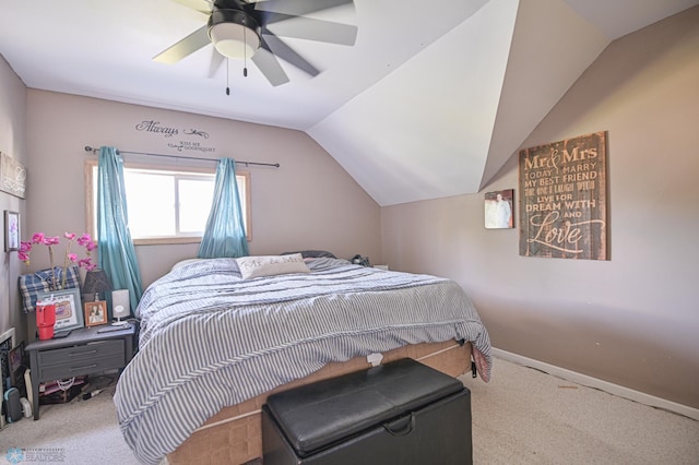 bedroom with light carpet, ceiling fan, and lofted ceiling