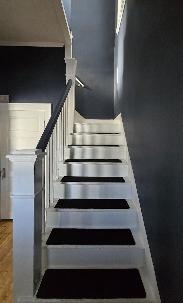 stairway with hardwood / wood-style flooring