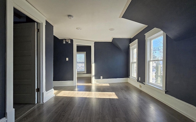 interior space with dark hardwood / wood-style flooring, plenty of natural light, and ornamental molding