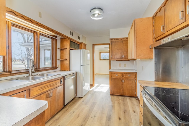 kitchen with stainless steel appliances, light hardwood / wood-style floors, and sink