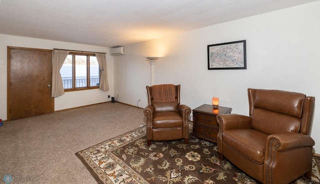 living area featuring carpet floors and a wall mounted AC