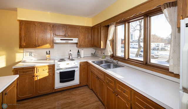 kitchen with decorative backsplash, dark hardwood / wood-style flooring, white appliances, and sink