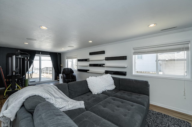 living room featuring recessed lighting, wood finished floors, visible vents, and baseboards