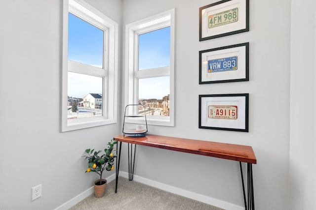 interior space featuring light carpet and baseboards