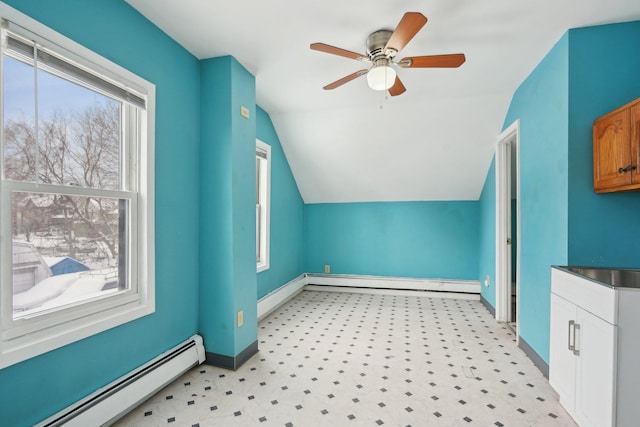 additional living space with baseboard heating, ceiling fan, and lofted ceiling