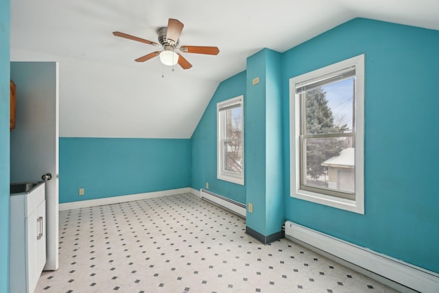 additional living space with a baseboard radiator, vaulted ceiling, and ceiling fan