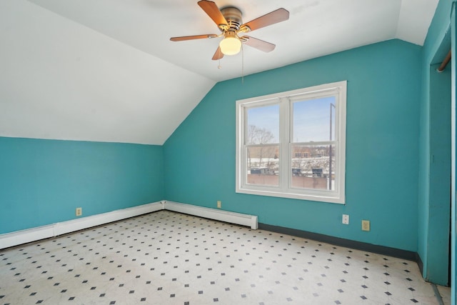 additional living space with vaulted ceiling, ceiling fan, and a baseboard heating unit