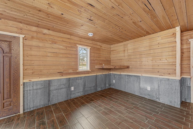 interior space featuring dark hardwood / wood-style floors, wood ceiling, and wooden walls