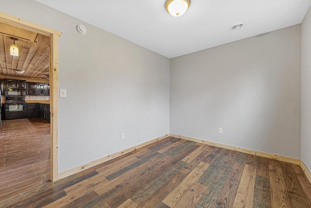 empty room with wood ceiling and dark wood-type flooring