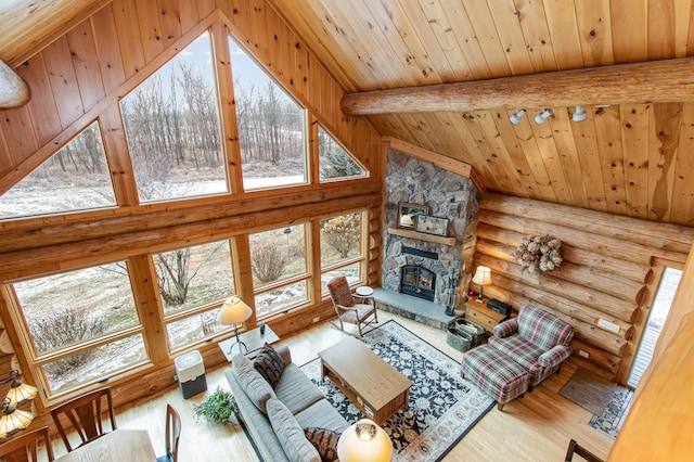 living room featuring hardwood / wood-style flooring, a healthy amount of sunlight, wooden ceiling, and a fireplace