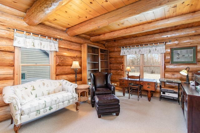 sitting room with carpet flooring, log walls, beamed ceiling, and wood ceiling