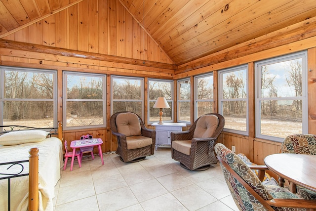 sunroom with a healthy amount of sunlight, lofted ceiling, and wooden ceiling