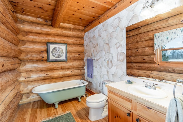 bathroom with beam ceiling, wood-type flooring, wood ceiling, and log walls