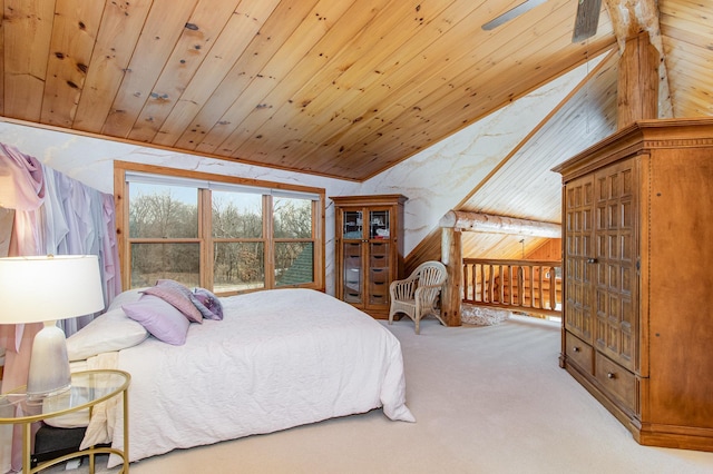 bedroom featuring wooden walls, wood ceiling, and lofted ceiling