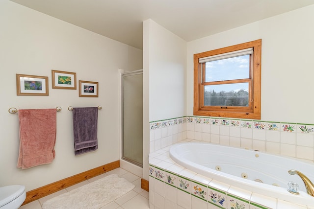 bathroom with toilet, shower with separate bathtub, and tile patterned floors