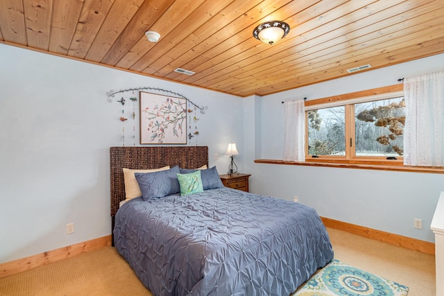 bedroom with carpet flooring and wooden ceiling