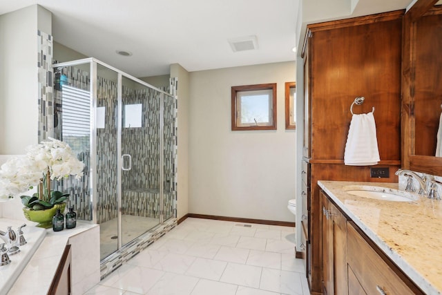 full bathroom with vanity, a healthy amount of sunlight, toilet, and independent shower and bath