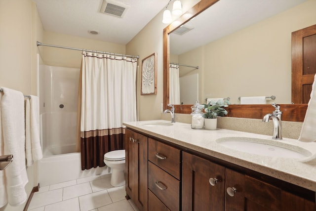 full bathroom with tile patterned flooring, vanity, toilet, and shower / bathtub combination with curtain