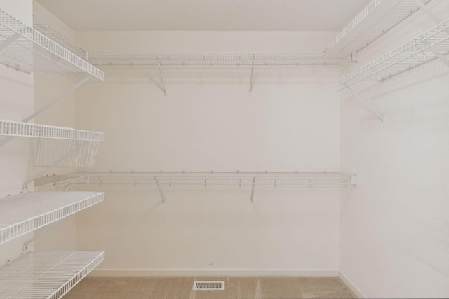 walk in closet featuring light colored carpet