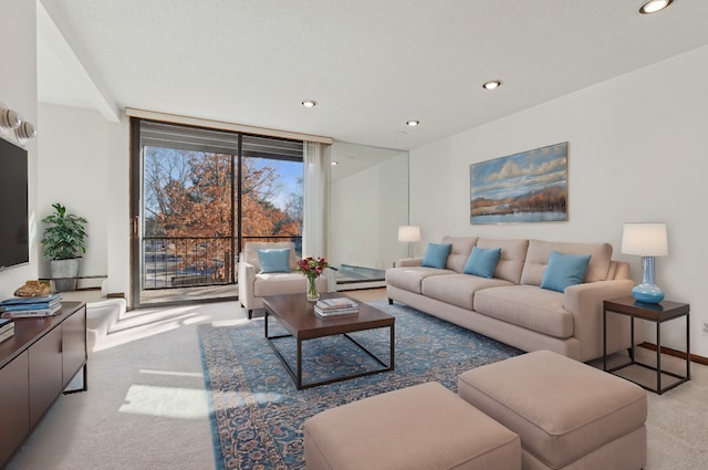 carpeted living room featuring a wall of windows