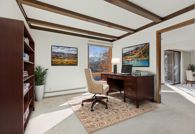 office featuring beamed ceiling, light colored carpet, and a baseboard heating unit