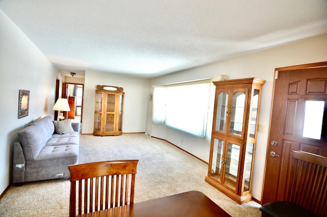 carpeted living room with a textured ceiling