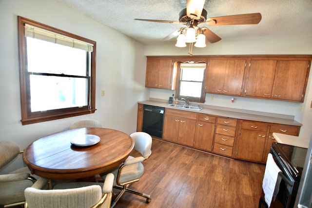 kitchen featuring a textured ceiling, black appliances, sink, dark hardwood / wood-style floors, and ceiling fan