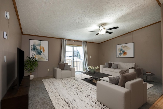 living room with carpet floors, a textured ceiling, and vaulted ceiling