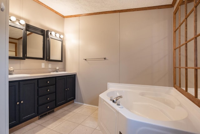 bathroom featuring a tub to relax in, tile patterned floors, vanity, a textured ceiling, and crown molding