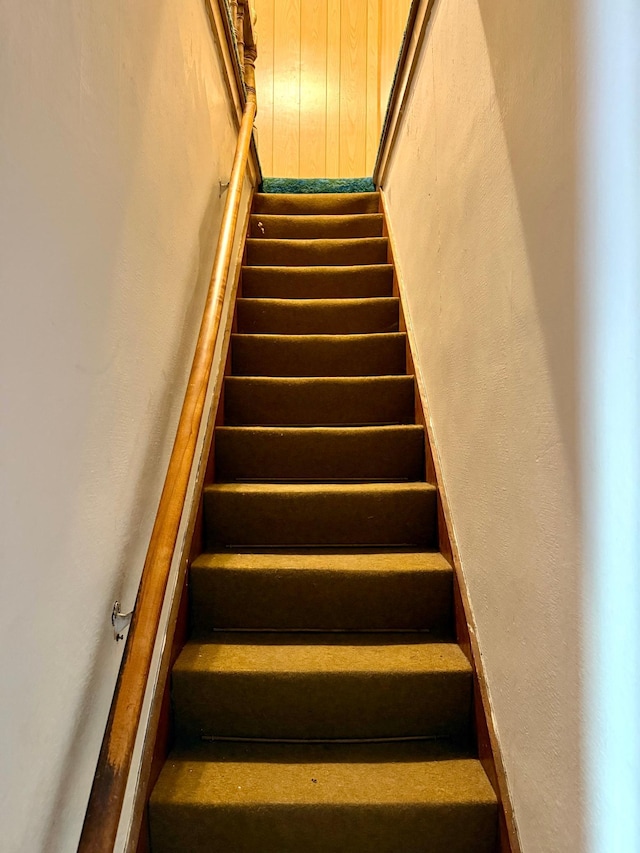 stairway with wood walls