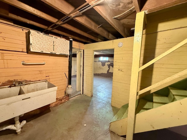 basement with wood walls