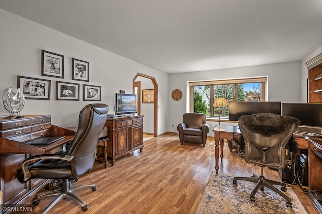 office space with light hardwood / wood-style floors and a textured ceiling