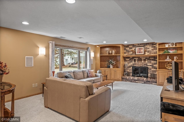 living room featuring light carpet, a textured ceiling, and built in features