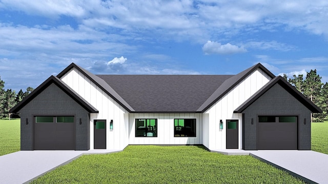 modern farmhouse featuring a garage and a front lawn