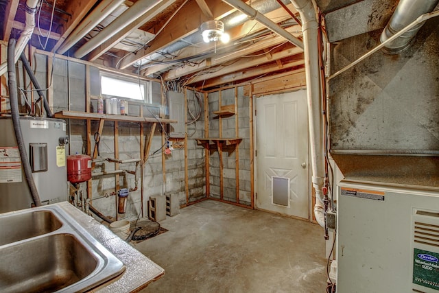 below grade area with electric panel, heating unit, electric water heater, and a sink