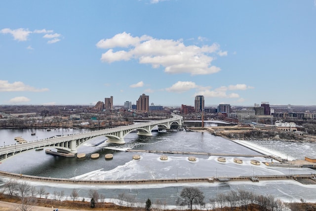 drone / aerial view with a water view