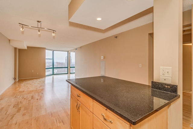 kitchen featuring track lighting, light brown cabinets, dark stone countertops, light hardwood / wood-style floors, and expansive windows