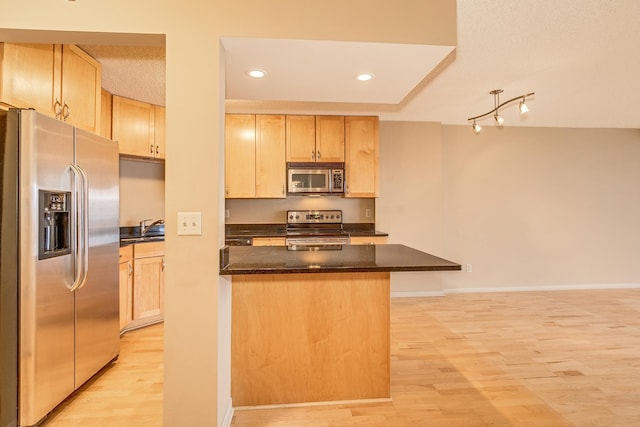 kitchen featuring light wood-type flooring, stainless steel appliances, light brown cabinets, and sink