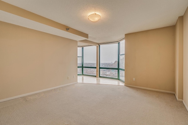 carpeted spare room with a textured ceiling and a wall of windows