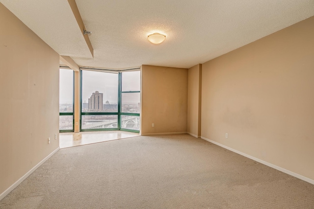 carpeted spare room featuring a textured ceiling and a wall of windows