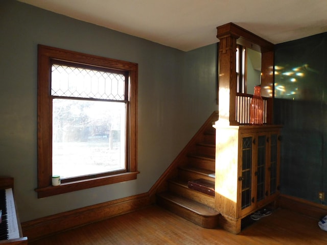 staircase with hardwood / wood-style flooring