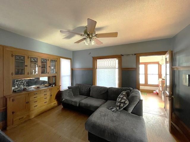 living room with ceiling fan and light wood-type flooring