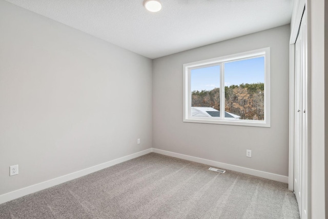 spare room featuring carpet flooring and a textured ceiling