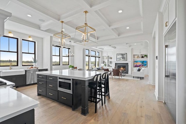 kitchen featuring a wealth of natural light, stainless steel appliances, decorative light fixtures, light hardwood / wood-style flooring, and a kitchen island