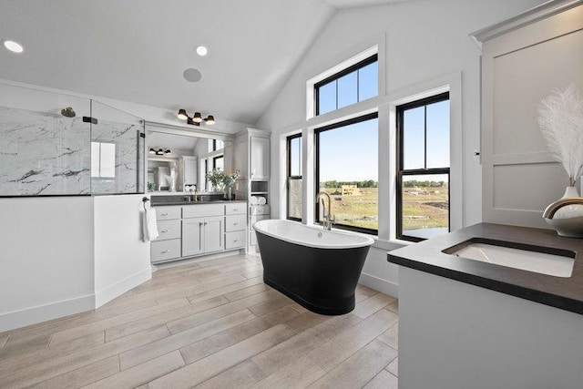 bathroom featuring vanity, wood-type flooring, plus walk in shower, and lofted ceiling