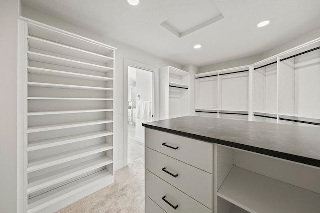 spacious closet featuring light carpet and attic access